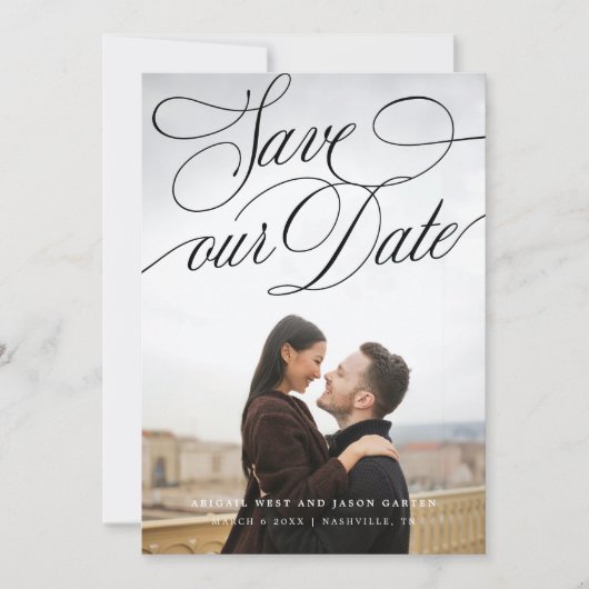 Klassische Swooping-Kalligrafie Save The Date (Vorderseite)