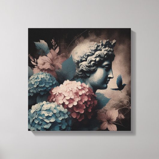 Klassische Szene mit Gipsumstatue und Hydrangea Leinwanddruck (Vorderseite)