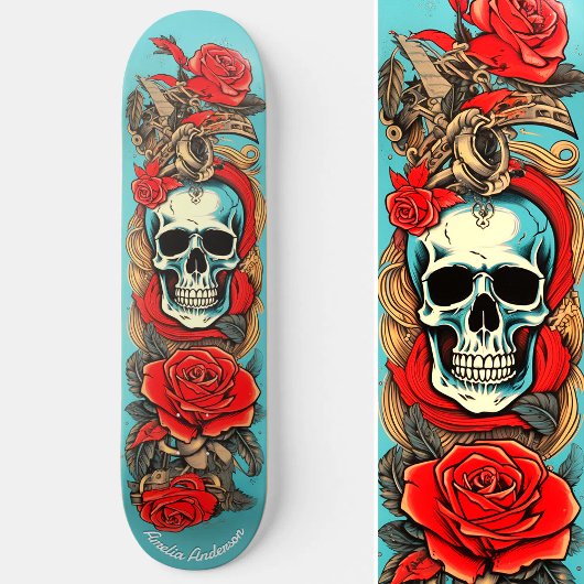 Klassische Tattoo Art Skull Rose Schöne Elemente Skateboard