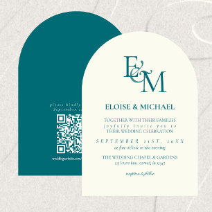 Klassische Tealblaue Monogramm-Minimalismus-Hochze Einladung