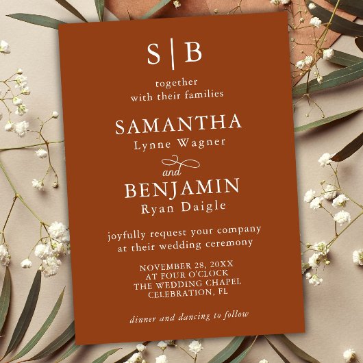 Klassische Terracotta Monogram Hochzeit Einladung