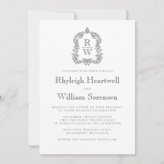 Klassische Tonkohle und weiße Monogramm-Keilschrif Einladung (Vorderseite)