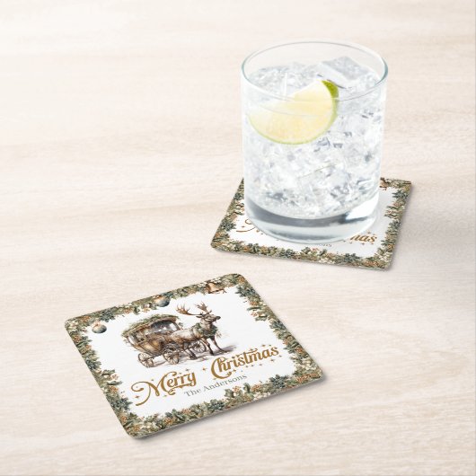 Klassische Tradition Grün Gold Weihnachtsrinder Rechteckiger Pappuntersetzer (Vor Ort)