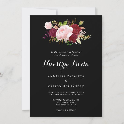 Klassische tropische Black Burgundy-Hochzeit Einladung (Vorderseite)