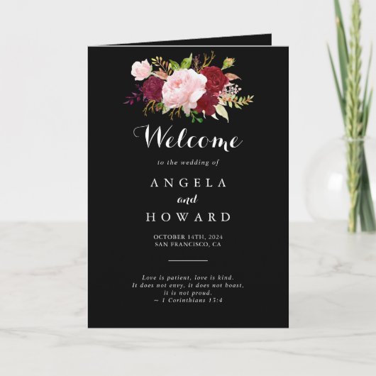 Klassische tropische Schwarz- und Burgundy-Hochzei Programm (Vorderseite)