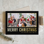 Klassische Typografie Foto Collage Black Christmas Folien Feiertagskarte<br><div class="desc">Frohe Weihnachten! Mit dieser individuell gestaltbaren Weihnachts-Foto-Collage-Karte können Sie sich in dieser Saison Ihre Wünsche mitteilen. Es zeichnet sich durch einfache Typografie aus. Personalisieren Sie Ihre Daten durch Hinzufügen von drei Fotos, Namen, Jahr und anderen Details. Diese moderne Weihnachtskarte aus Goldfolie ist in anderen Farben und in einem Karton erhältlich....</div>