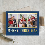 Klassische Typografie Foto Collage Blue Christmas<br><div class="desc">Frohe Weihnachten! Mit dieser individuell gestaltbaren Weihnachts-Foto-Collage-Karte können Sie sich in dieser Saison Ihre Wünsche mitteilen. Es zeichnet sich durch einfache Typografie auf blauem Hintergrund aus. Personalisieren Sie Ihre Daten durch Hinzufügen von drei Fotos, Namen, Jahr und anderen Details. Diese moderne Weihnachtskarte aus Goldfolie ist in anderen Farben und in...</div>