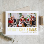 Klassische Typografie Foto Collage Frohe Weihnacht Folien Feiertagskarte<br><div class="desc">Frohe Weihnachten! Mit dieser individuell gestaltbaren Weihnachts-Foto-Collage-Karte können Sie sich in dieser Saison Ihre Wünsche mitteilen. Es zeichnet sich durch einfache Typografie aus. Personalisieren Sie Ihre Daten durch Hinzufügen von drei Fotos, Namen, Jahr und anderen Details. Diese moderne Weihnachtskarte aus Goldfolie ist in anderen Farben und in einem Karton erhältlich....</div>