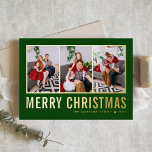 Klassische Typografie Foto Collage Grüne Weihnacht Folien Feiertagskarte<br><div class="desc">Frohe Weihnachten! Mit dieser individuell gestaltbaren Weihnachts-Foto-Collage-Karte können Sie sich in dieser Saison Ihre Wünsche mitteilen. Es zeichnet sich durch einfache Typografie aus. Personalisieren Sie Ihre Daten durch Hinzufügen von drei Fotos, Namen, Jahr und anderen Details. Diese moderne Weihnachtskarte aus Goldfolie ist in anderen Farben und in einem Karton erhältlich....</div>