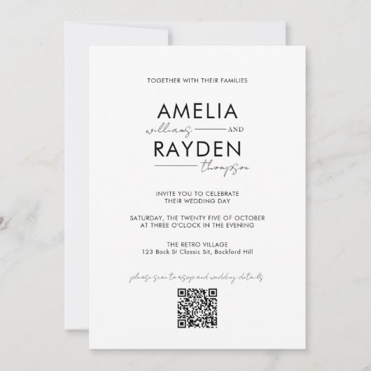 Klassische Typografie Script Foto QR Code Hochzeit Einladung (Vorderseite)
