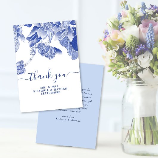 Klassische und moderne Blue White Floral Wedding Dankeskarte