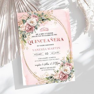 Klassische verstaubte rosa Blumen Grüne Quinceaner Einladung