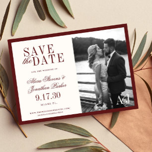 Klassische Vintage-Burgund-Ivory-Foto-Hochzeit Save The Date