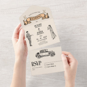 Klassische Vintage-Hochzeit All In One Einladung