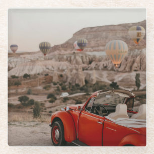 Klassische Vintage Red Car Watching Heißluftballon Glasuntersetzer