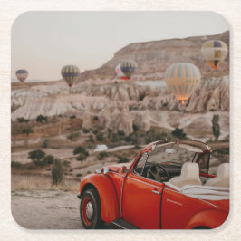 Klassische Vintage Red Car Watching Heißluftballon Rechteckiger Pappuntersetzer