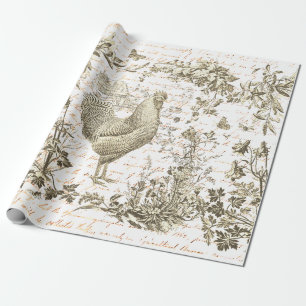 Klassische Vintage Rooster Beige Blumenschrift Geschenkpapier