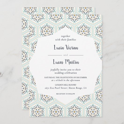 Klassische Vintage Tile Texturmuster Hochzeit Einladung (Vorne/Hinten)