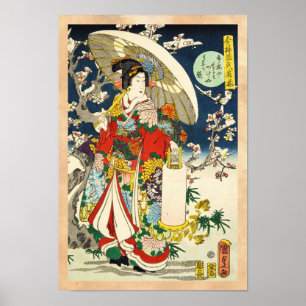 Klassische Vintage-Ukiyo-e-Geisha mit Regenschirm Poster