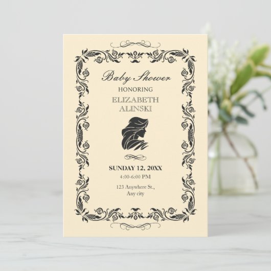 Klassische Vintage verzierte Babydusche Einladung (Stehend Vorderseite)