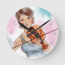 Klassische Violinen-Dame Round Clock, Vintage