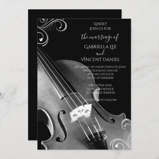 Klassische Violinhochzeit in Schwarz und Weiß Einladung (Vorne/Hinten)