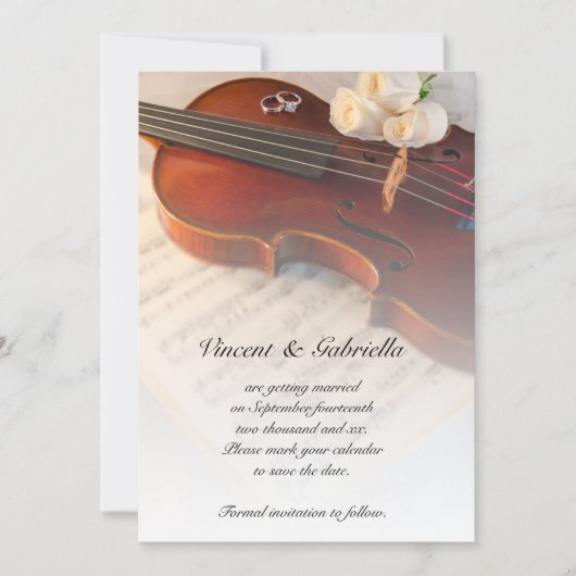 Klassische Violinrosen Hochzeit retten Datum Einladung (Vorderseite)