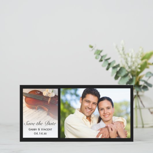 Klassische Violinrosen Hochzeit retten Datum Save The Date (Stehend Vorderseite)