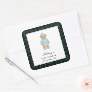Klassische vornehme Bär-Designer-Karostoff-Baby-Pa Quadratischer Aufkleber