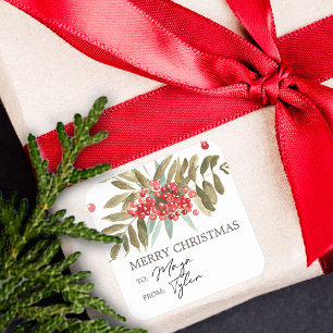 Klassische Wasserfarbe-Weihnachtsbeeren Quadratischer Aufkleber