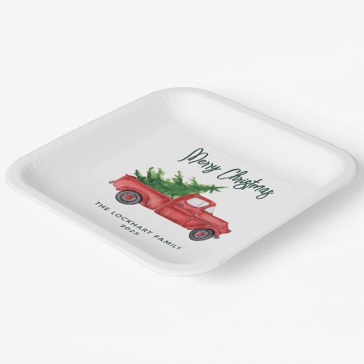 Klassische Weihnachts Red Truck Script Holiday Cus Pappteller (Gewinkelt)