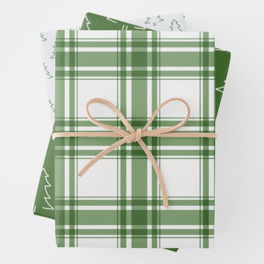 Klassische Weihnachtsbäume und Karierte grüne Wrap Geschenkpapier Set (Beispiel)
