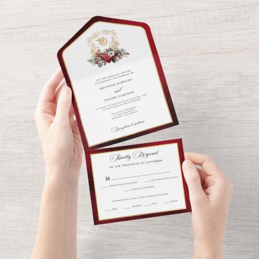 Klassische Weihnachtsblumenfeier Mongram Wedding All In One Einladung (Abreißen)