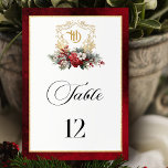 Klassische Weihnachtsblumenfeier Mongram Wedding Tischnummer<br><div class="desc">Zeitlos und elegant aber festlich ist das Hochzeitsdesign mit klassisch handgezeichnet goldblühendem Wappen und einem farbenprächtigen Spray aus rot-weißen Weihnachtsgebäck und Evergreens zu einem festlichen Tischnummer. Diese benutzerdefinierte Vorlage enthält bearbeitbare Textfelder,  benutzerdefinierte Textgrafiken und eine goldstrukturierte Grenze. Der Außenrand ist mit einem opulenten,  rubinroten Samt-Hintergrund versehen.</div>