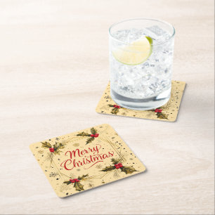 Klassische Weihnachtskarte mit Holly Design Rechteckiger Pappuntersetzer