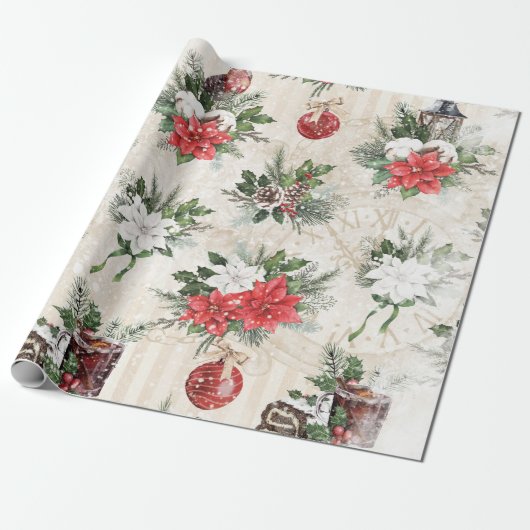 Klassische Weihnachtsrot-weiße Poinsettia-Blume Geschenkpapier (Ungerollt)