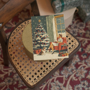 Klassische Weihnachtsszene Frau Hund geschmückter Feiertagskarte