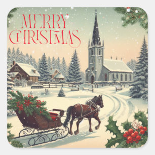 Klassische Weihnachtsszene/Vintage Tasse Quadratischer Aufkleber