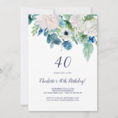 Klassische Weiße Blume 40. Geburtstag Party Einladung (Vorderseite)