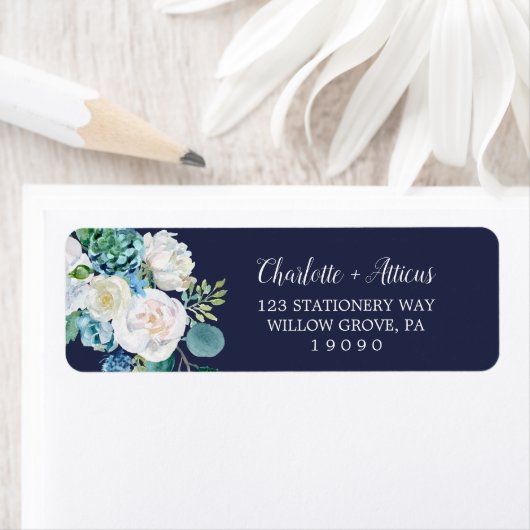 Klassische weiße Blume | Navy Return Address Label (Insitu)