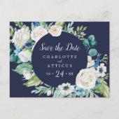 Klassische weiße Blume Navy Save the Date Postkart Einladungspostkarte (Vorderseite)