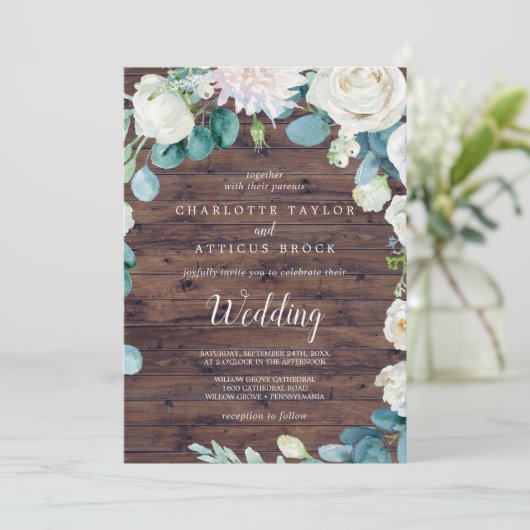 Klassische weiße Blume | Rustikale Hochzeit Einladung (Stehend Vorderseite)