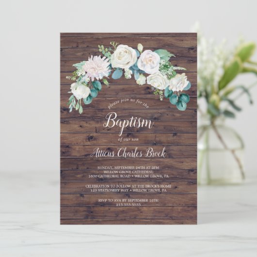 Klassische weiße Blume | Rustikale Taufe Einladung (Stehend Vorderseite)