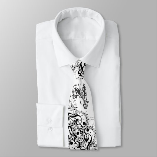 Klassische weiße Krawatte mit Sax Player & Musikno (Gebunden)