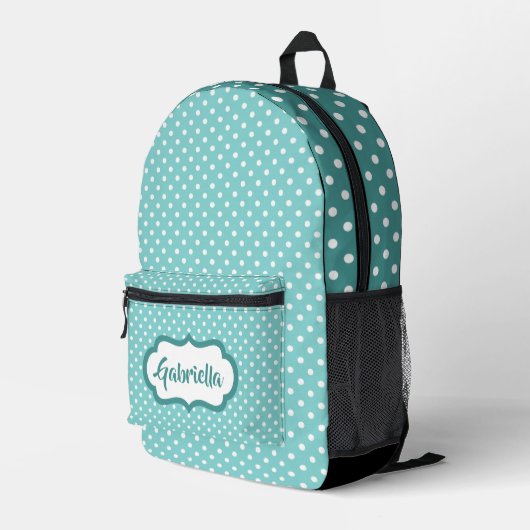 Klassische weiße Polka Punkte auf Aquamarinem Minz Bedruckter Rucksack (Rückseitige Ecke Rechts)