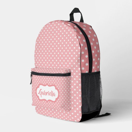 Klassische weiße Polka Punkte auf Pfirsichrosa Bedruckter Rucksack (Rückseitige Ecke Rechts)
