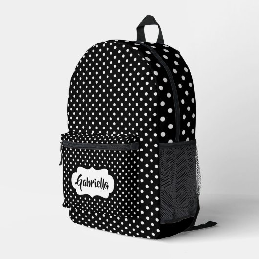 Klassische weiße Schweizer Polka Punkte auf schwar Bedruckter Rucksack (Rückseitige Ecke Rechts)