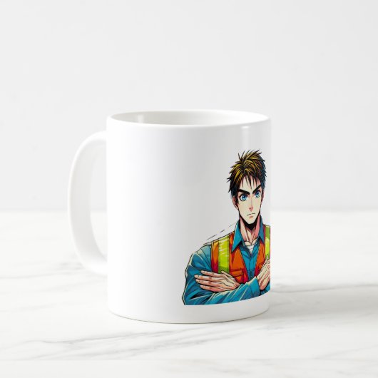 Klassische, weiße Tasse mit Manga-Sicherheitsfachm (Vorderseite Links)