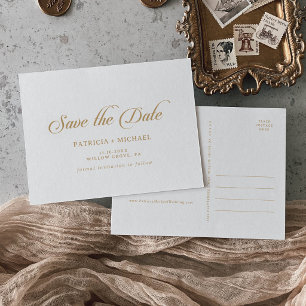 Klassische weiße und goldene Hochzeit - Save-the-D Einladungspostkarte