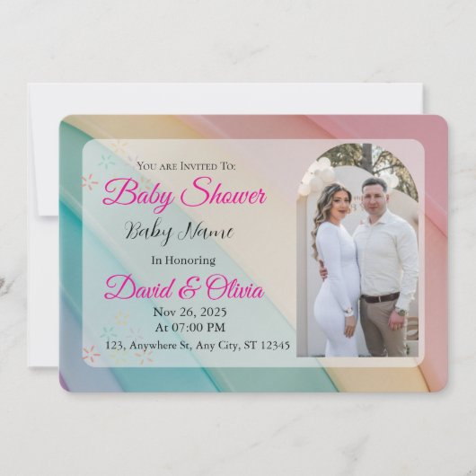 Klassische, weiße und rosa Babydusche Einladung (Vorderseite)